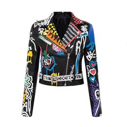 Spring Printed Womens Short Pu Jacket Motorcycle Wear Leather Womens Punk Rock Fashion Street Coat Leather Jackets 240228