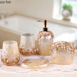 Holders Vintage Floral Texture Bathroom Set Portable Soap Dispenser Mouthwash Cup Toothbrush Holder Toilet Brush Resin Bath Supplies