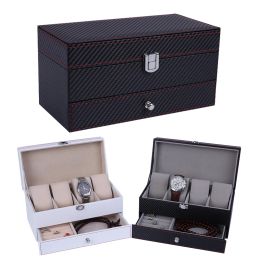 Watches 4 Grids Double Watch Box Carbon Fibre Watch Case Holder Organiser Storage Box for Quartz Jewellery Boxes Display Best Gift