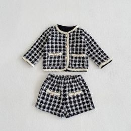 4319D Girl Clothing Set Spring Baby Tweed Plaid Girls Two Piece Suit Jacket Short Pants Sweet Girls Suit 240228