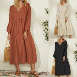 Dresses New Long Sleeve Maternity Dress Fashion Clothes for Pregnant Women Vneck Boho Dress Cotton Linen Loose Lantern Sleeve Dress