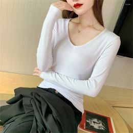 Women's T Shirts Spring Autumn T-shirt Women Casual Skinny V-neck Full Sleeve Tshirts Female Grey Basic Streetwear Simple Tops Korean