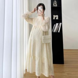 Dresses 2541# 2022 Autumn Spring Korean Fashion Maternity Long Dress Elegant Ins A Line Loose Clothes for Pregnant Women Pregnancy Wear