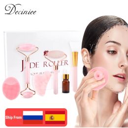 Roller Face Skin Care Tools 6In1 Jade Roller Rose Quartz Natural Stone Gua Sha Facial Massager Kit for Face Lift Cleaning Antiwrinkle
