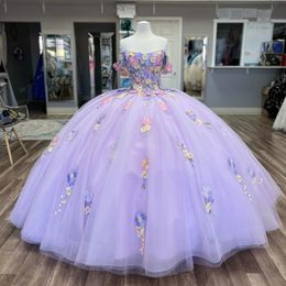 Lilac 3D Floral Lace Princess Quinceanera Dresses Ball Gown Off The Shoulder Corset Tull Sweet 15 Vestidos De XV Anos