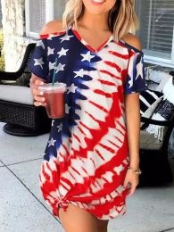 Dress Summer Dresses For Women 2022 American Flag Star Cold Shoulder Mini Dress VNeck Straight Short Sleeve Dress Vestidos Robe