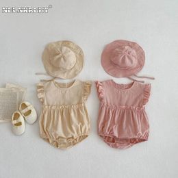 Clothing Sets Summer Infant Baby Girls 2Pcs Set: Flutter Sleeve Bodysuit Sun Hat In Solid Colour Triangle Climbing Suit For Toddlers 0-24M