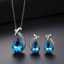 Fashion Statement Jewellery Set for Women Colourful Water Drops Gem 14K White Gold Necklace Earring Set for Women Pendant Wedding Jewellery Set