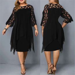 Dress 2023 Summer New Female Elegant Midi Party Dress Chubby Lace Sleeve Hollow Out Solid O Neck Sexy Women Clothing Evening Dresses