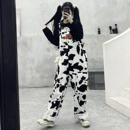 Street Hip-hop Harajuku Girl Cow Print Oneies For Women Black White Plaid Overalls Casual Jumpsuit Trousers Baggy Pants 240229