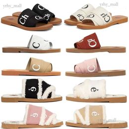 Designer Fur Winter Woody Sandals Women Snow Wool Sandal Mules Flat Slides Light Tan Beige White Black Pink Lace Lettering Fabric Canvas Slippers Womens Shoes