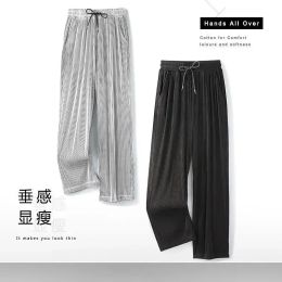 Pants Summer Loose Ice Silk Pants Men's Drape 100KG Size Long Fat Casual Sports Pants Wide Leg Straight Tide Brand