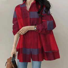 Women's Blouses Women Top Long-sleeved Shirt Stylish Colorblock Cardigan Trendy Loose Spring/fall Blouse With Turn-down