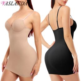 Vestidos mulheres deslizamentos completos básicos sob tiras ajustáveis de vestido Cami sem costura barriga de controle de barriga lisa construída em sutiã profundo v bodycon