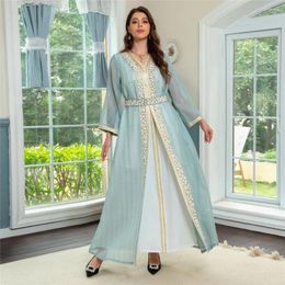 Ethnic Clothing Abaya Dubai Women Muslim Luxury Mesh Dress Beading Embroidery Lace Ramadan Kaftan Isla African Clothes 2 Piece Set Evening