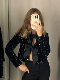 Fashion Sequin Bow Lace Up Women Jacket Chic Shiny Oneck Long Sleeve Y2k Cropped Coat Female Solid Party Outerwear 240226