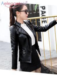 Jackets Aelegantmis 2023 Brand New Faux Leather Jacket Women Slim PU Moto Biker Jacket Coat Autumn Winter Lady Basic Outerwear Black