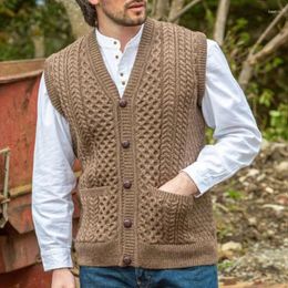 Men's Tank Tops 2024 Spring Autumn Knitted Waistcoat Men Simple Brown Gilet Casual V-neck Sleeveless Jacket Twisted Pattern Sweater Vest