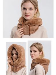 Woman Winter Hat Hooded Face Mask Fluff Keep Warm Thicken Style Womens Neck Scarf Cap Beanie Knitted Cashmere Warmer 240227