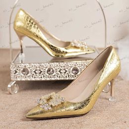 Dress Shoes Luxury Crystal Square Buckle Gold Silver Pumps Women 2023 New Slip On High Heels Wedding Shoes Woman Pointed Toe Party Shoes T240302