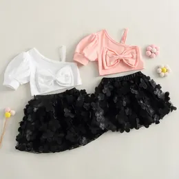 Clothing Sets Pudcoco Toddler Kids Baby Girls Summer Outfit Short Sleeve One Shoulder Bow Tops 3D Butterfly Skirt 4-7T