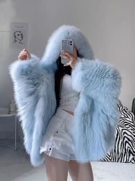 Fur 2023 Winter Shaggy Hairy Thick Warm Soft Faux Fur Jacket Women with Hooded Long Sleeve Loose Causal Fur Coat Designer Clothes