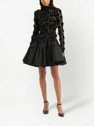 High Neck Long Sleeve Floral Prom Dress Aline Black 3D Lace Party Evening Open Back Cocktail Dresses For Event 240227