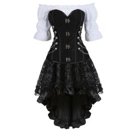 Dresses Corset Dress Women's Steampunk Gothic Faux Leather Bustier Corset with Skirt Brown Black Leather Corset Threepiece Plus Size