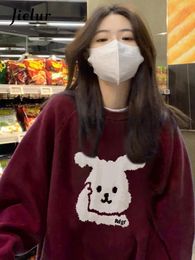 Jielur Korean Black Burgundy Hoodies Women Warm Fleece Cute Rabbit Kpop Sweatshirt Girls Oneck Kawaii Top Female Hoodie MXXL 240219