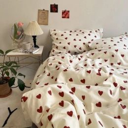 sets 4pcs Korean Style Bedding Sets Heart Print Kid Adult Twin Full Queen Size Bed Flat Sheet Linen Duvet Cover Set Pillowcase Home T