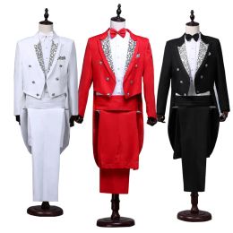 Suits Mens Tailcoat White Black Red Jacquard Lapel Tail Coat Stage Singer Costume Wedding Groom Prom Tuxedo Dress Suits Jacket+Pants