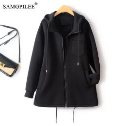Trench European Station Women's Coat Hepburn Style Zipper Cardigan Hooded Air Cotton Solid Commuter Mid Length Windbreaker For Woman