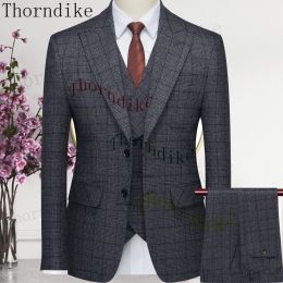 Suits Thorndike 2023 Classic Glen Plaid 3 Piece Vintage Men Suits Winter Jacket Vest Pants TailorMade Business Office Wedding