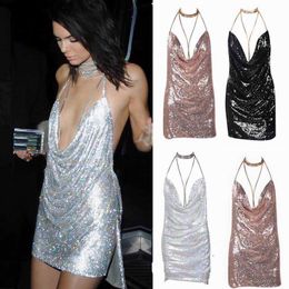 Basic Casual Dresses Cocktail Dresses Sexy Elegant Backless Sequin Dress Ladies Kendall Choker Slip Dress Evening Prom Gowns 240302