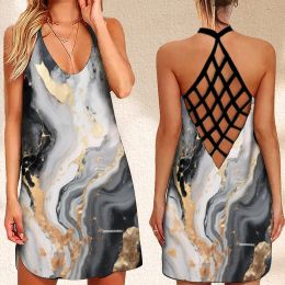 Dress New Women's Criss Cross Backless Sleeveless Dress SummerMarblr Gradient Print Women's Summer Sundresses