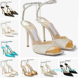 Italy Design Women Saeda Sandals Shoes With Crystal Chain Stiletto Heel Party Wedding Lady Gladiator Sandalias lady wedding party dress pump EU35-43 Original Bo