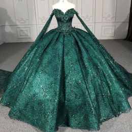 Blackish Green Shiny Off The Shoulder Ball Gown Quinceanera Dress Birthday Party Gowns Beaded Prom Dresses Vestido De 15 Anos
