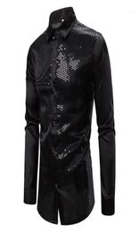 Mens Black Long Sleeve Button Down Dress Shirts 2020 Shiny Sequin Silk Satin Shirt Men Business Party Shirt Male Chemise Homme11019776