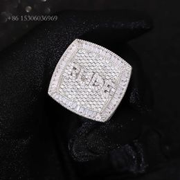 Custom Iced Out Hip Hop Baguette Round Cut Moissanite Sier Gold Plated Fine Jewellery Finger Band Ring For Men