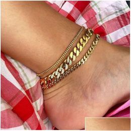 Anklets 18K Gold Titanium Steel Tarnish Hypoallergenic M 6Mm 8Mm Cuban Link Chain For Women Summer Beach Foot Bracelet Jewelry Drop Dh26Z