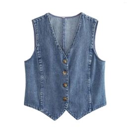 Women's Vests Retro Denim Waistcoats Fall Spring Sleeveless V-Neck Button Down Cropped Tank Tops Vintage Crop Jeans Jackets Outwear