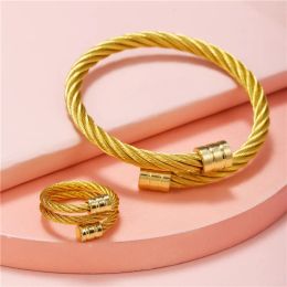 Trendy Couple Accessories Wire Rope 14k Gold Bracelet Ring Set Open Ladies Jewellery Set