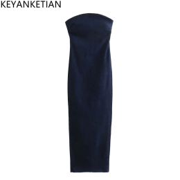 Dresses Keyanketian Summer's Nw Women's Breastwrapped Tightfitting Oneline Neck Denim Dress Fashion Hot Denim Long Slit Midi Skirt