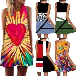 Dresses Women Summer Mini Dress Elegant Love Heart Geometric Printed Dress Sleeveless Dresses Casual Vintage Maxi Dresses Partywear