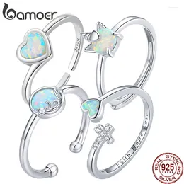 Cluster Rings BAMOER Cute 925 Sterling Silver Heart-shaped Opal Ring Open Love Adjustable For Women Couple Mix Party Jewellery