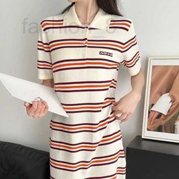 Basic & Casual Dresses Designer contrasting striped lapel silk short sleeved dress for women 24 early spring new skin friendly and age reducing knitted skirt TX4H