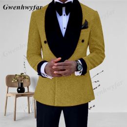 Suits Gwenhwyfar Gold/Royal Blue/Black Glitter Wedding Tuxedo Slim Fit Grooms Mens Suits Double Breasted Jacket With Pants 2 Pieces