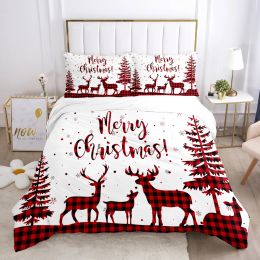 Set 3pcs Merry Christmas Duvet Cover Set, Plaid Reindeer Christmas Tree Print Bedding Set, Soft Comfortable Duvet Cover, For Bedroom Sheer Curtains