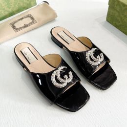 Designer Luxury slippers low heels brand-name patent leather summer sandals Leather zircon logo Fashion female black sexy double buckle crystal white brown