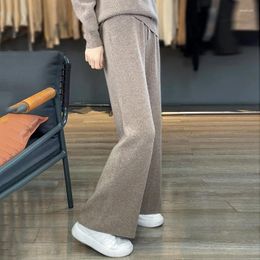 Women's Pants Merino Woollen Knit Woman's Wide Leg Loose Casual Long Trousers Elastic Mid-Waist Full Length Flared Pant
